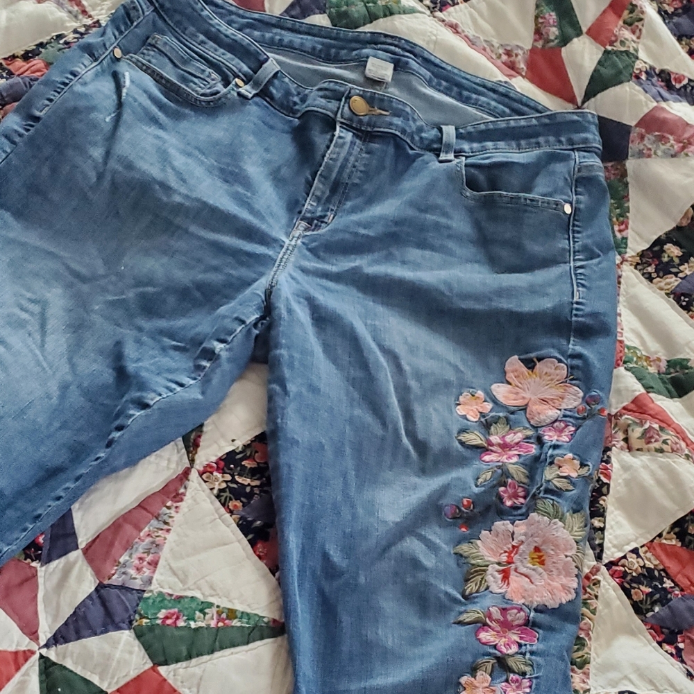 Lane Bryant Light Blue Skinny Jeans with Pink Floral Embroidery
